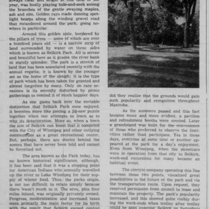 Selkirk Park Only A Memory?, 1955, Selkirk Journal (1 of 2) Newspaper article pondering if Selkirk Park is only a memory