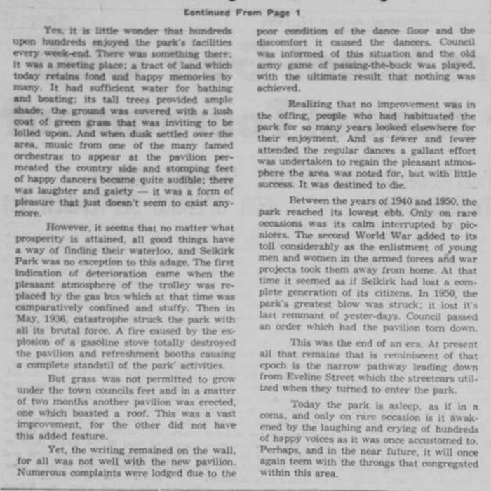 Selkirk Park Only A Memory?, 1955, Selkirk Journal (2 of 2) Newspaper article pondering if Selkirk Park is only a memory