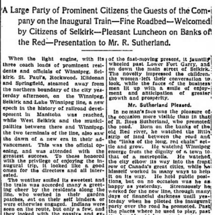 Newspaper clipping about the train from Selkirk to Winnipeg opening