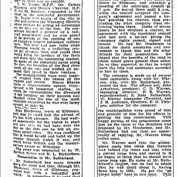 Newspaper clipping about the train from Selkirk to Winnipeg opening