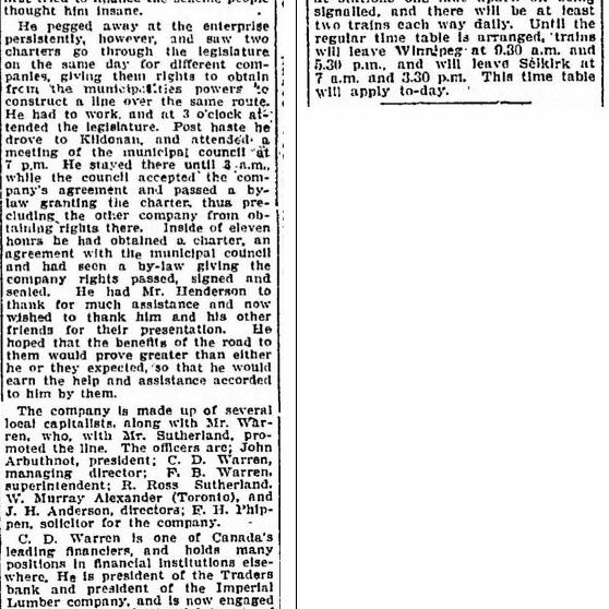 Newspaper clipping about the train from Selkirk to Winnipeg opening