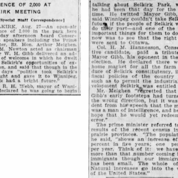 Audience of 2000 At Selkirk Meeting, 1926, Winnipeg Tribune A group of 2,000 come to hear conservative speakers including Premier Meighen