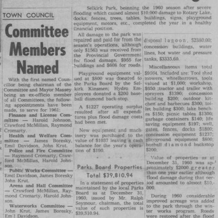 Face of Flood Damage, 1961, Selkirk Enterprise Newspaper article about the flood damages that took place at Selkirk Park