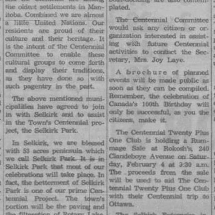 Plans to Celebrate Canada's 100th Birthday, 1967, Selkirk Enterprise Selkirk's Centennial Plans