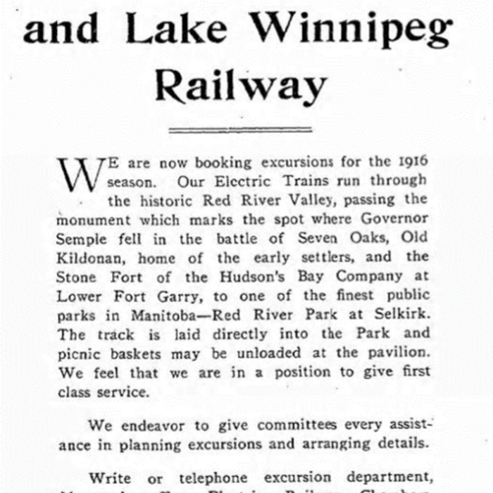 Article about the Winnipeg, Selkirk, and Lake Winnipeg Railway booking excursions