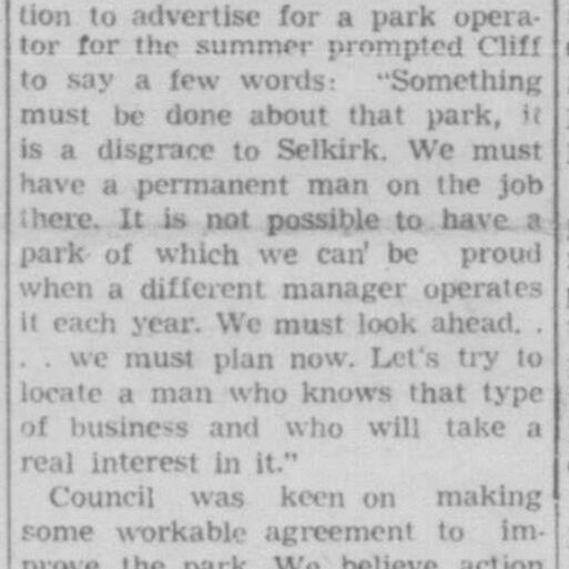 Cliff Morrison on the Status of Selkirk Park, 1949, Selkirk Enterprise A public statement from Cliff Morrison about the park being a disgrace in the state it was in before its rejuvenation.