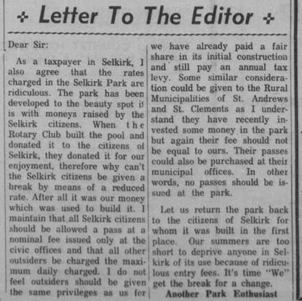 Rates for Selkirk Park Complaint, 1968, Selkirk Enterprise Another tax payer wanting parking fees dropped at Selkirk Park.