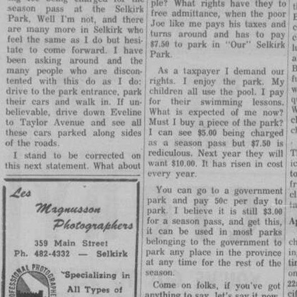 Letter to the Editor on Fees Being Charged for a Season Pass At Selkirk Park, 1968, Selkirk Enterprise Tax payer writing on behalf of them self and other tax payers. Asking for some rules of the park such as a parking fee to be dropped.