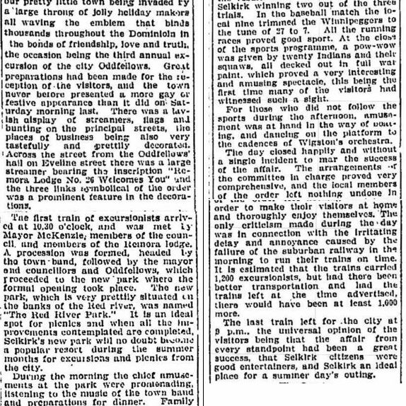 Odd Fellows At Selkirk, 1905, Winnipeg Free Press (1 of 2) Article about the "Oddfellows" event held at Selkirk Park.