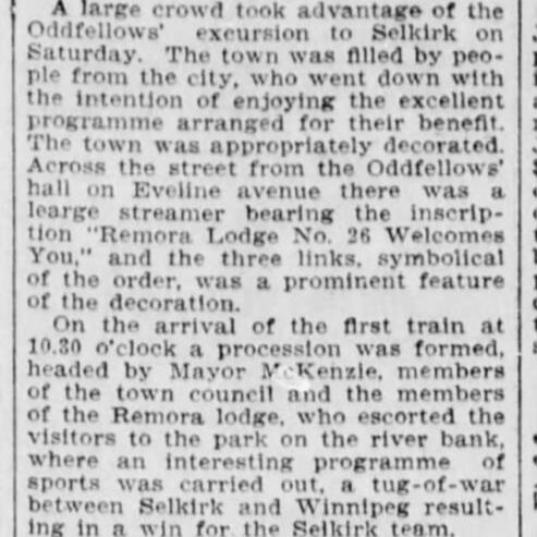 OddFellows at Selkirk, 1905, Winnipeg Tribune Article about the turn out at one of the events in Selkirk.
