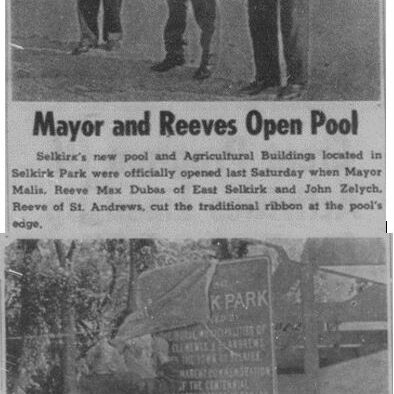 Mayor and Reeves Open Pool, 1967, Selkirk Enterprise Black and white newspaper clipping with two photos of men cutting ribbon and unveiling signage