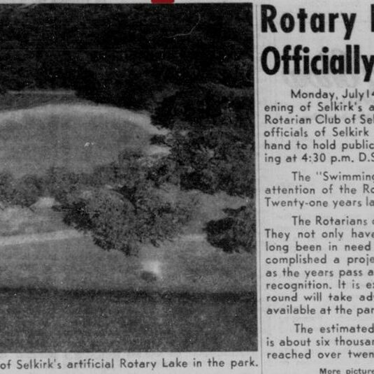 Rotary Lake to Open Officially this Monday, 1958, Selkirk Enterprise Black and White newspaper clipping with image of a large outdoor pool.