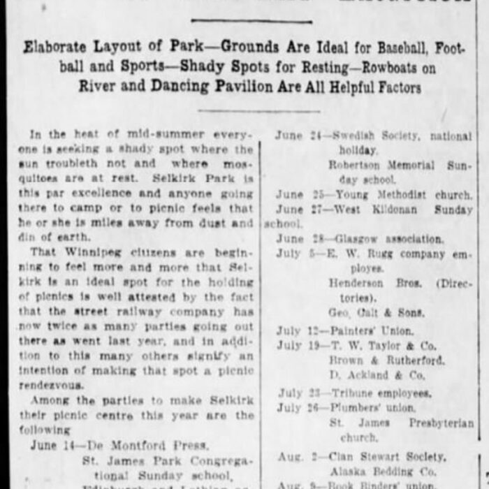 Selkirk Park is Ideal Sport For Pleasant Day or Wek-End Excursion, 1913, Winnipeg Tribune Article stating that Selkirk park is a good place to spend your free time.