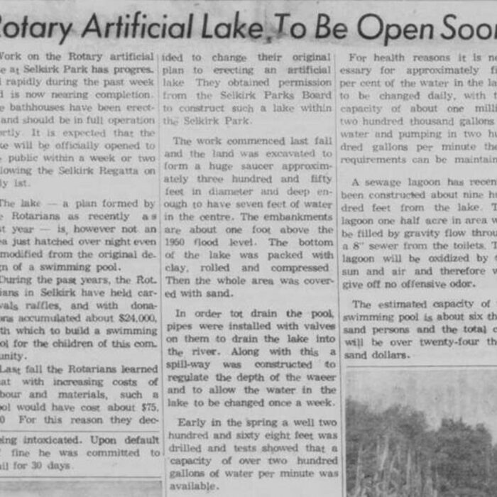 Rotary Artificial Lake To Be Open Soon, 1958, Selkirk Enterprise Newspaper article about Rotary Lake being open to the public soon.