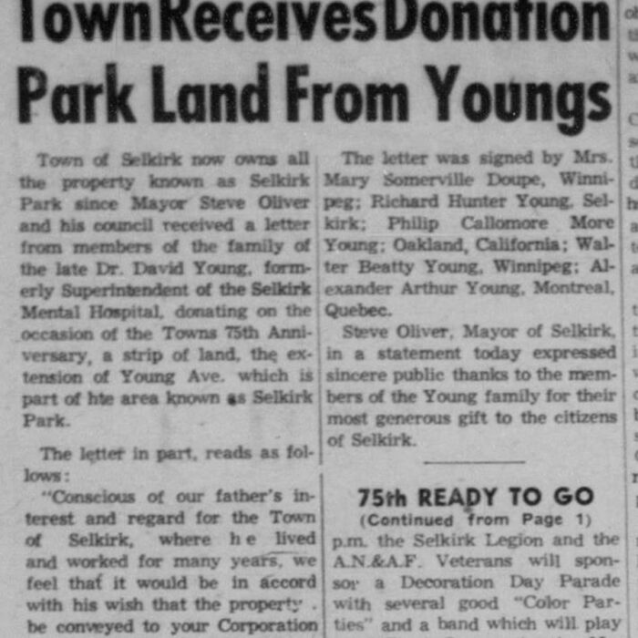 Town Receives Donation Park Land From Youngs, 1957, Selkirk Enterprise Newspaper article about when Selkirk was donated all the land known as Selkirk Park.