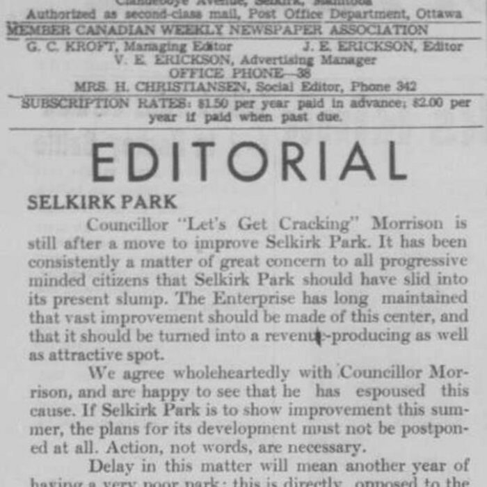 Councillor Morrison Wants to Improve Park, 1949, Selkirk Enterprise Article about Councillor Morrison wanting Selkirk Park to be rejuvenated.