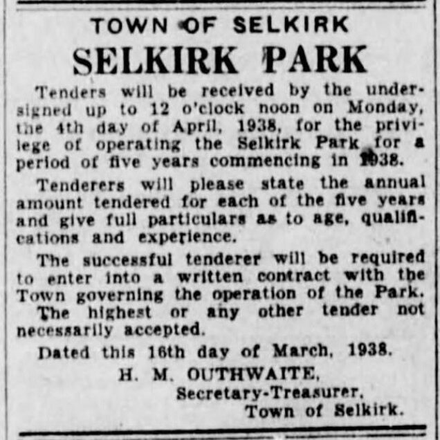Operating Selkirk Park Tender Notice, 1938, Winnipeg Tribune A notice about the Tender to operate Selkirk Park for five years.