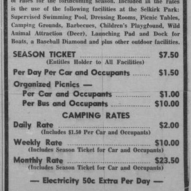 Schedule of Rates for the Selkirk Park from the Selkirk Park Board, 1968, Selkirk Enterprise A Schedule of Park Rates. Rates that people are charged for park passes, parking and other charges around Selkirk Park.