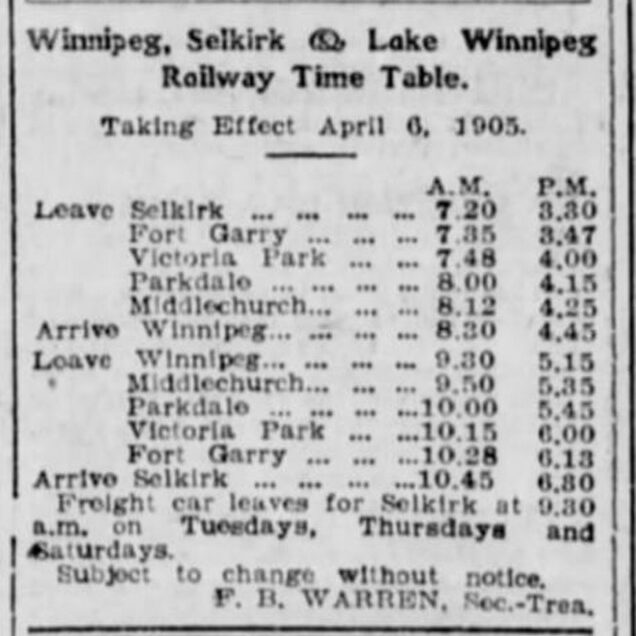 Time table for Winnipeg, Selkirk, and Lake Winnipeg.