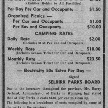 Schedule of Rates for the Selkirk Park, 1968, Selkirk Enterprise A Schedule of Park Rates. Rates that people are charged for park passes, parking and other charges around Selkirk Park.