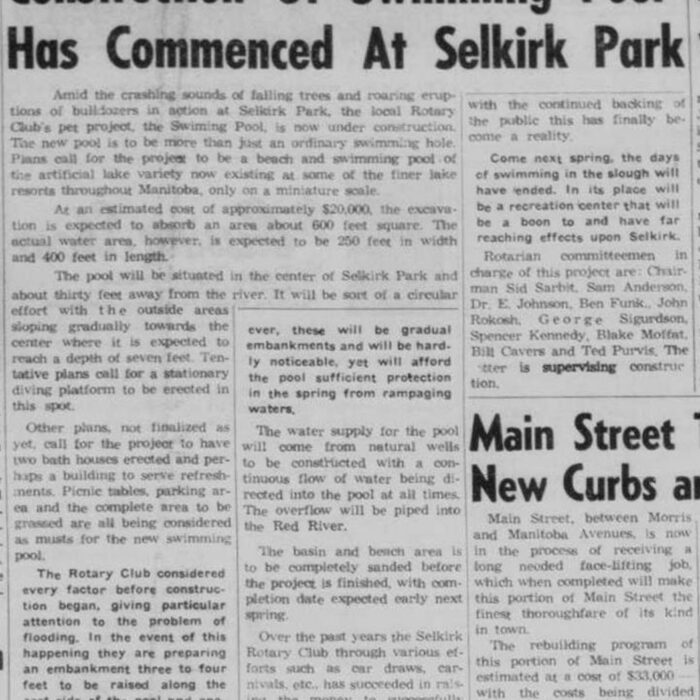 Construction of Swimming Pool Has Commenced At Selkirk Park, 1957, Selkirk Enterprise Newspaper article about construction on the Selkirk Park pool.