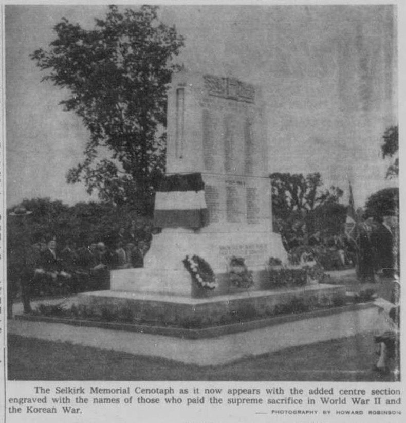 The Selkirk memorial Cenotaph as it now appears with the added centre section engraved with the names of those who paid the supreme sacrifice in World War II and the Korean War.