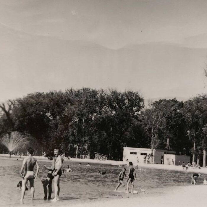 Selkirk Rotary Lake Swimmers, Date Unknown, Selkirk Museum Collection Black and white photograph of people ate a outdoor pool, there are many people in the photo.