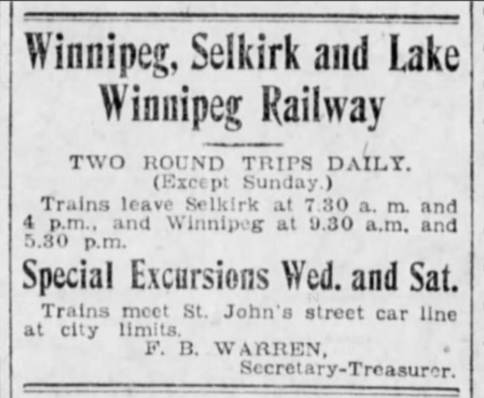Winnipeg Selkirk and Lake Winnipeg Railway Trip Advertisement