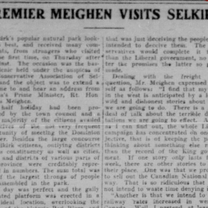 Premier Meighen Visits Selkirk, 1926, Selkirk Record Article about Premier Meighen visiting Selkirk and the Selkirk Park.