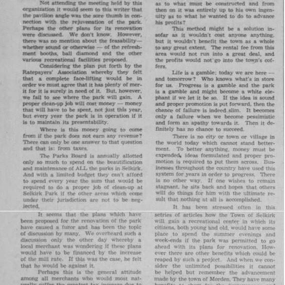 Bone of Contention, 1955, Selkirk Enterprise Newspaper article in response to another Newspaper article about the rates ratepayers will pay for the rejuvenation of Selkirk Park.