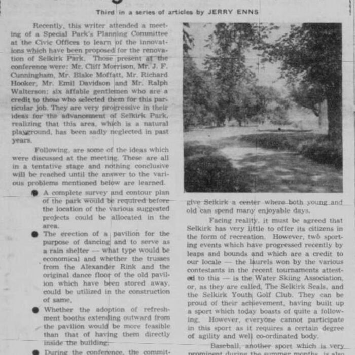 Planning Revival of Park, 1955, Selkirk Enterprise (1 of 2) Newspaper article of the reviving of Selkirk Park.