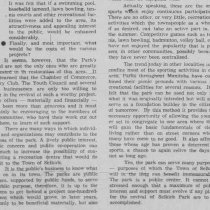 Planning Revival of Park, 1955, Selkirk Enterprise (2 of 2) Newspaper article of the reviving of Selkirk Park.