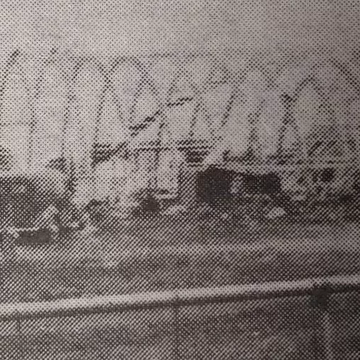 Selkirk Arena Being Built with the Dring Laminated Beam System, 1949, Selkirk Enterprise Centennial Edition Faded black and white image of Selkirk Arena being built. Image shows the Laminated Dring Beam system