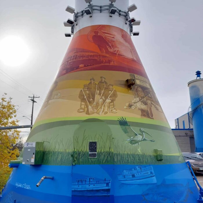 Colour image of a mural painted on the base of the Selkirk Water Tower. There are four colours used, red, orange green, and blue. Each band of colour has various scenes of people, places, and animals