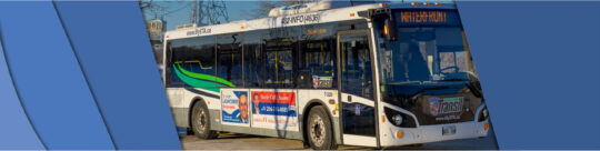 Transit banner A side profile picture of the Selkirk Transit bus.