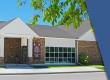 Photo shows the large Selkirk United Church. Photo captures the large entrance way wit ha overhang supported by two large pillars