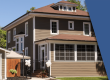 Photo of 213 Dorchester Avenue. The photo shows the two level home with a large front porch that doubles as a sunroom. The second floor has depicts two windows on the two visible sides of the hosue.