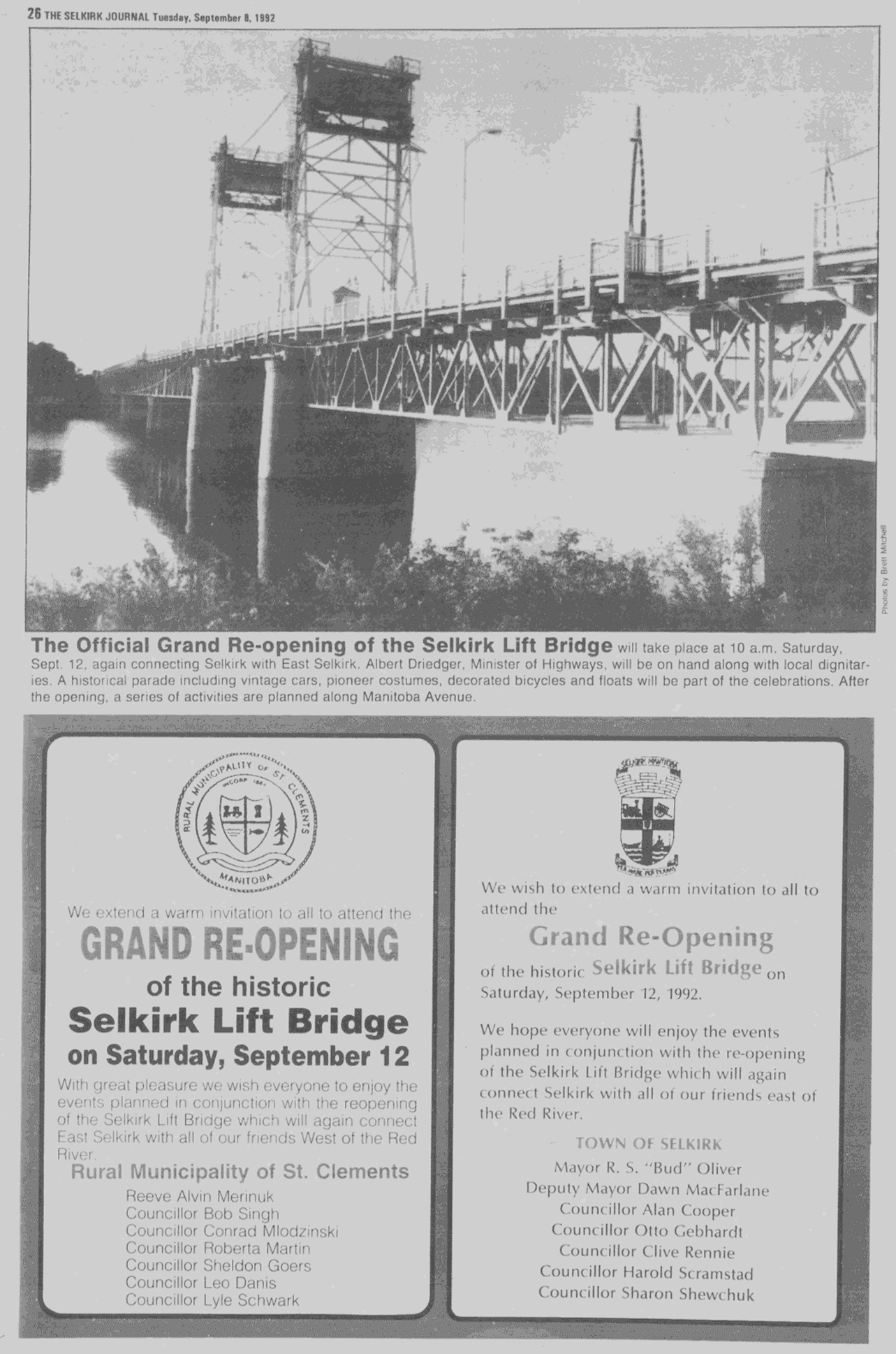 Newspaper article about the reopening of the Selkirk Lift Bridge.