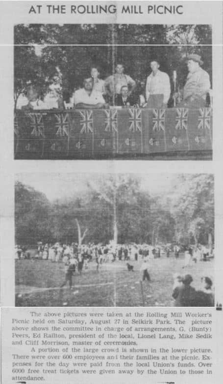The Selkirk Rolling Mill picnic. The article shows employees of the Selkirk Rolling Mill enjoying their picnic in Selkirk Park