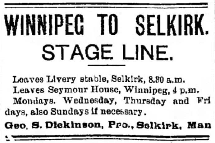 Newspaper ad for a Stage Line from Winnipeg to Selkirk