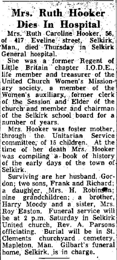 Ruth Hooker Newspaper article announcing her death