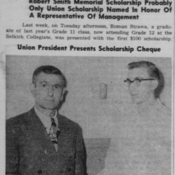 Newspaper article titled Manitoba Rolling mill union presents scholarship to R. Strawa