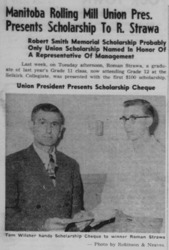 Manitoba Rolling Mills Presents Scholarship Photo October 8, 1953 p.1