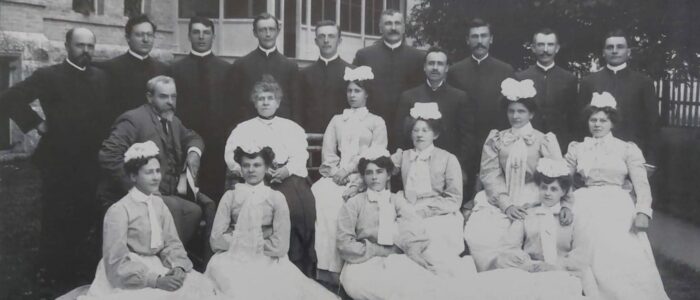 Asylum Staff, Center Row from Left: Dr. David Young and Matron Miss Euphemia Bride, 1905, Selkirk Mental Health Centre Archives Selkirk Asylum Staff 1905