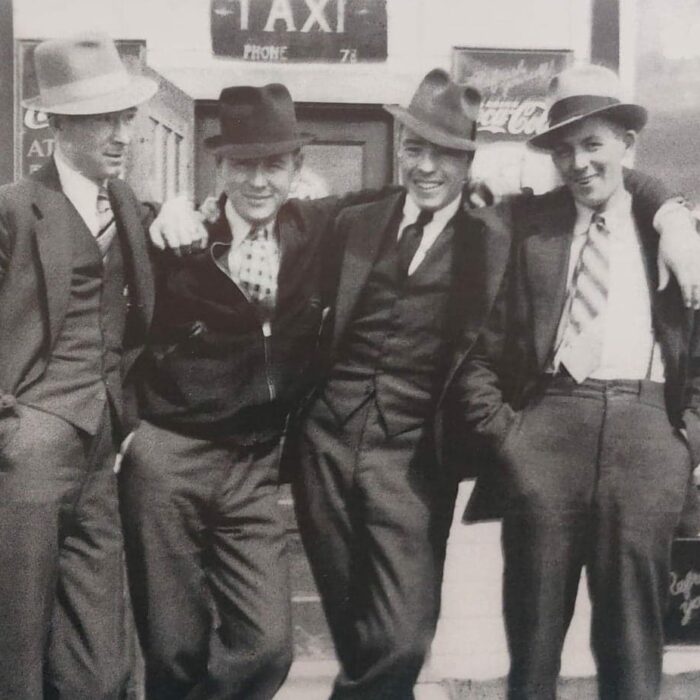 Staff Clarence Brady, Sonny Dion, Charlie Barnard, and Ralph Seymour in front of Shead's Store, Date Unknown, Selkirk Mental Health Centre Archives Selkirk Asylum Staff