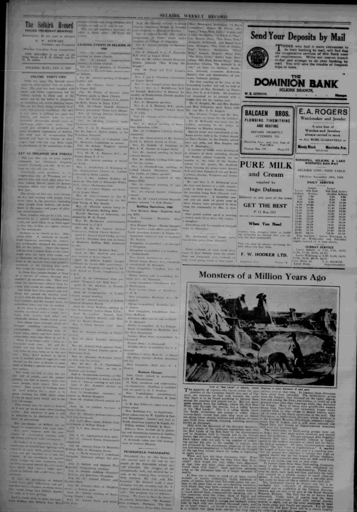 Newspaper from 1927 describing the weekly events in Selkirk