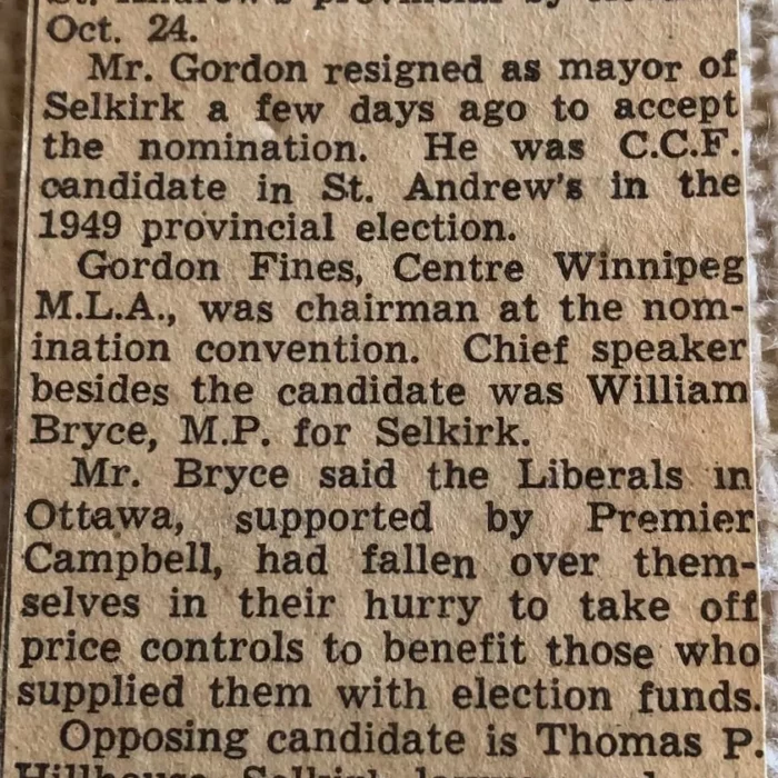 C.C.F. Nominate William Gordon for St. Andrews, 1949, Geoff Blackwood Newspaper article titled C.C.F nominate William Gordon for St. Andrews
