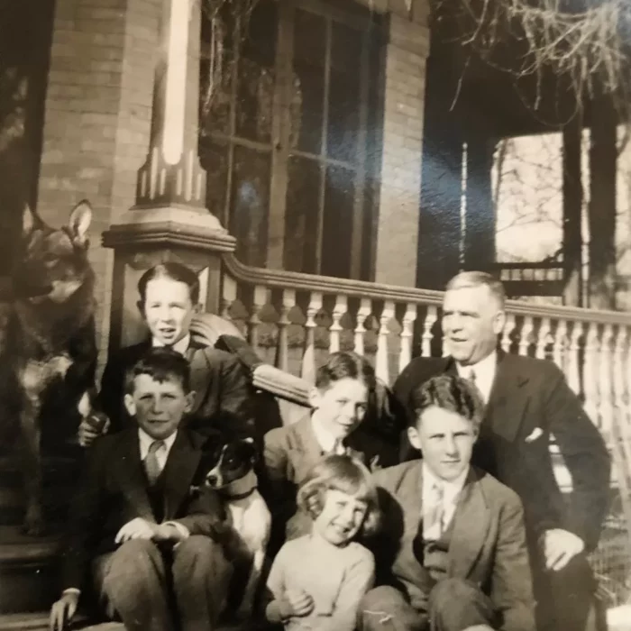 From Left, Jack, Donald, William Sr., Hugh, William Jr. with Helen Mary, c1929, Geoff Blackwood Black and white family portrait from 1929