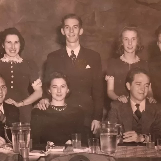 Gordon Siblings Celebrating Upcoming Weddings at the Cave Supper Club, Hugh and Ada, Frederick and Maude, John and Freda, Helen, Donald, 1940, Geoff Blackwood Black and white portrait of the Gordon family celebrating the upcoming wedding