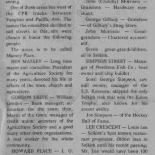 Selkirk Streets Named to Honour Past Residents, 1976, SelkirkEnterprise Newspaper article titled Selkirk streets to honor past residents